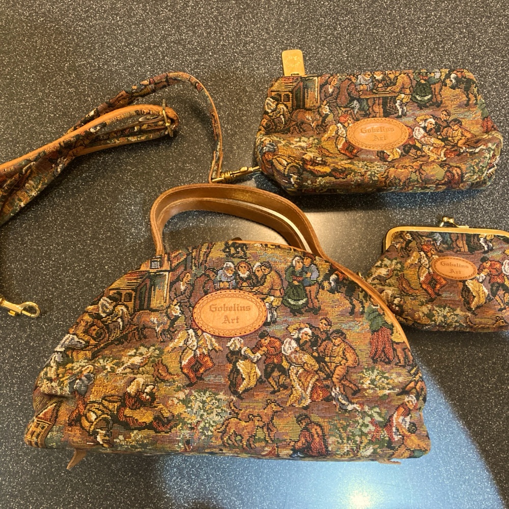 Top handle Gobelins Art purse with matching pouch and coin purse.